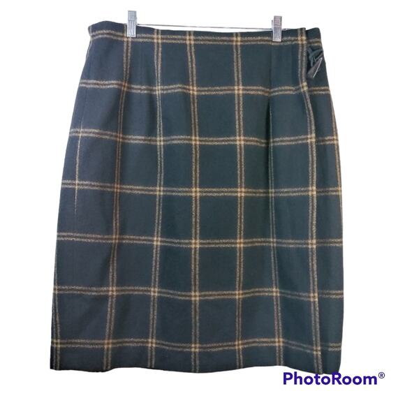 Halston Lifestyle Black Brown Windowpane Wool Toggle Closure Wrap Skirt Size 18 - Picture 1 of 10
